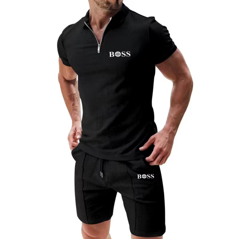 Camiseta masculina de manga curta com waffle, camiseta solta com lapela, cor sólida, terno casual, Europa e Estados Unidos, verão