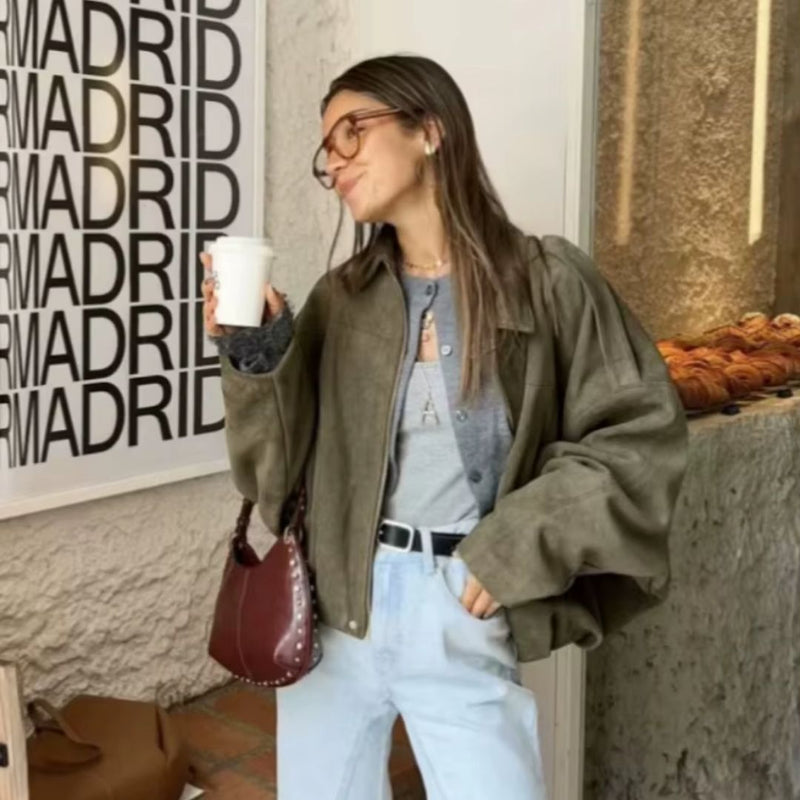ETJ 2025 Primavera novo efeito de textura de camurça feminina versão solta da moda lapela ombro jaqueta bomber