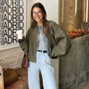 ETJ 2025 Primavera novo efeito de textura de camurça feminina versão solta da moda lapela ombro jaqueta bomber