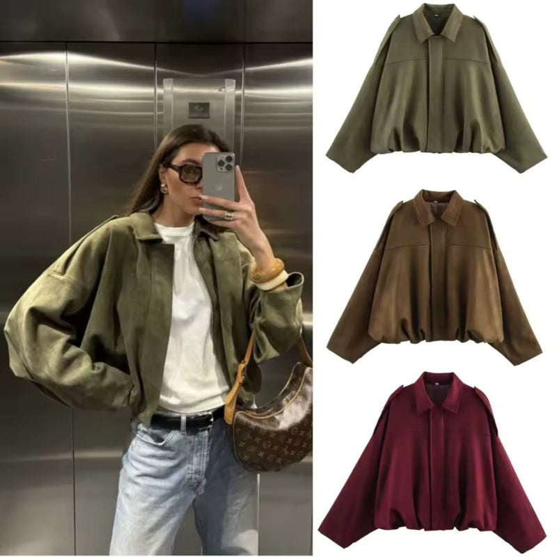 ETJ 2025 Primavera novo efeito de textura de camurça feminina versão solta da moda lapela ombro jaqueta bomber